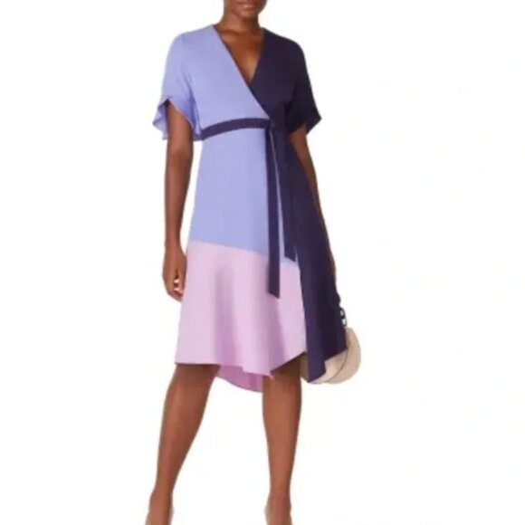 Hutch Asymmetrical Blue and Purple Wrap Midi Dress - Picture 2 of 14